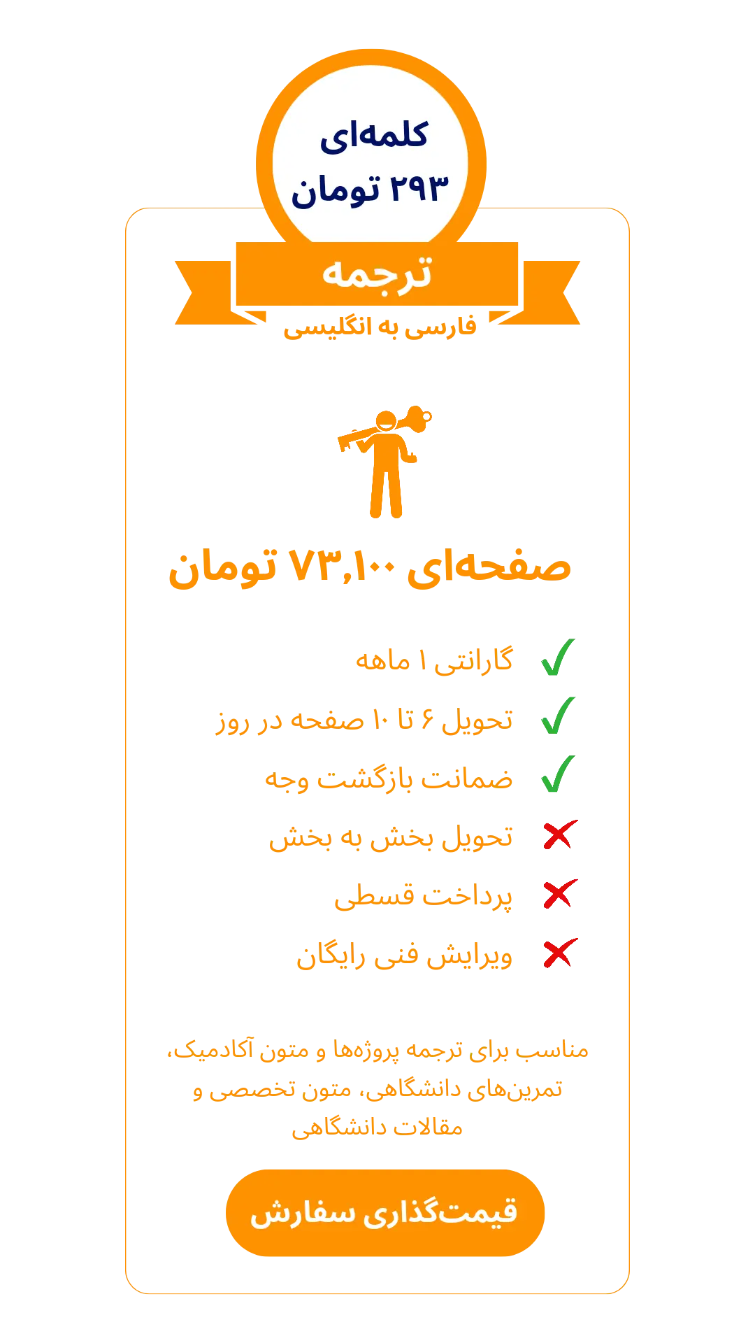جدول تعرفه ترجمه فارسی به انگلیسی